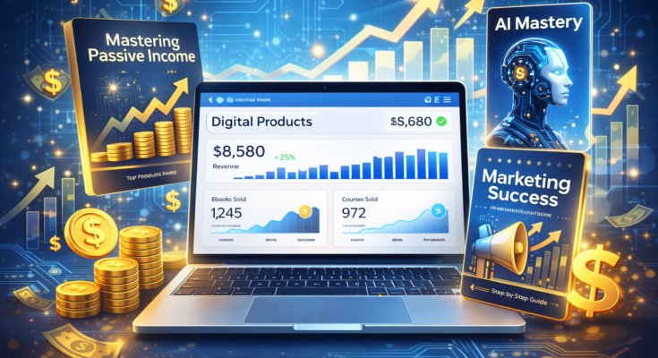 Creating and selling digital products with AI tools in 2025 - laptop workspace with ebooks and courses
