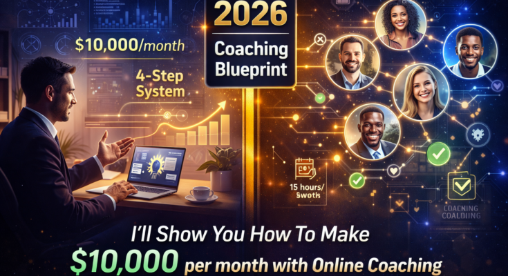 Online coaching business 2026 guide showing 4-step system to make $10000 per month with client acquisition strategy