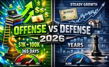 Offense vs defense investing strategy 2026 showing how to turn $1000 into $100000 through self-education and skill stacking