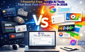 Seven free Google AI tools displayed on laptop screen competing with expensive paid alternatives, featuring colorful Google interface elements and comparison visualization