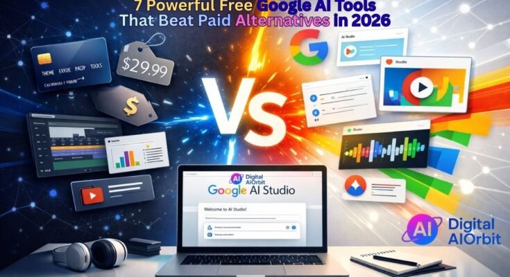 Seven free Google AI tools displayed on laptop screen competing with expensive paid alternatives, featuring colorful Google interface elements and comparison visualization