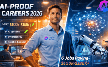 AI-proof jobs 2026 showing professional at intersection of technology and human expertise with holographic salary data and career visualizations