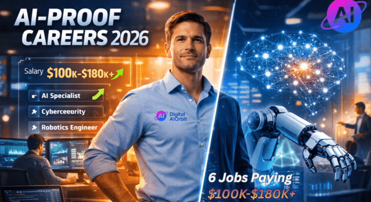 AI-proof jobs 2026 showing professional at intersection of technology and human expertise with holographic salary data and career visualizations