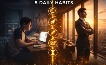 "Before and after transformation showing journey from broke teenager to millionaire by 21 through 5 daily habits including social skills, strategic thinking, and discipline"