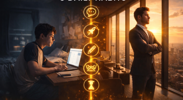 "Before and after transformation showing journey from broke teenager to millionaire by 21 through 5 daily habits including social skills, strategic thinking, and discipline"