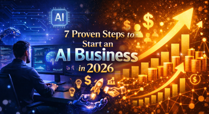 Entrepreneur starting AI business with computer screens showing AI technology and growth charts representing 7 proven steps to launch profitable AI company