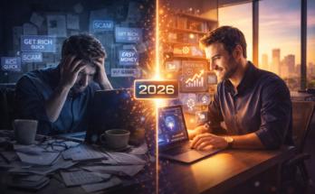 Person transforming from struggling with online scams to successful entrepreneur making money online with AI tools in 2026