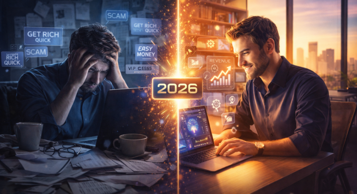 Person transforming from struggling with online scams to successful entrepreneur making money online with AI tools in 2026