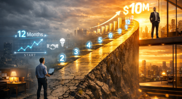 Entrepreneur journey from startup to 10 million dollar business in 12 months showing transformation and success timeline with milestone markers