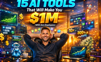 15 AI tools that will make you $1M with zero employees - entrepreneur in luxury office with holographic AI interfaces and automation dashboard