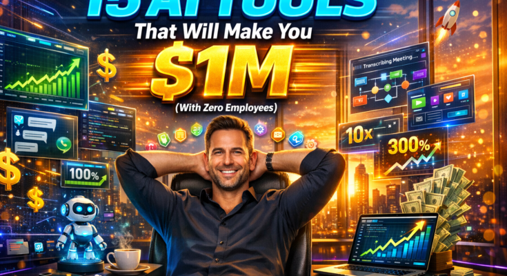 15 AI tools that will make you $1M with zero employees - entrepreneur in luxury office with holographic AI interfaces and automation dashboard