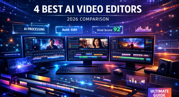 Best AI video editors 2026 comparison showing professional editing software interfaces with analytics and automation features