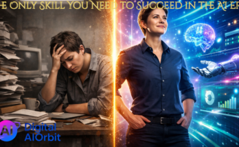 AI era mindset shifts showing professional transformation from traditional overwhelmed work to empowered AI-enhanced productivity and success