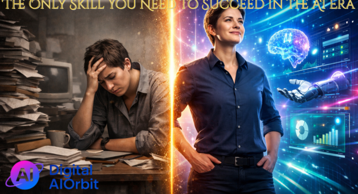 AI era mindset shifts showing professional transformation from traditional overwhelmed work to empowered AI-enhanced productivity and success