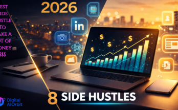 Modern laptop showing side hustles to make money with AI tools, photography equipment, and digital products on professional desk setup