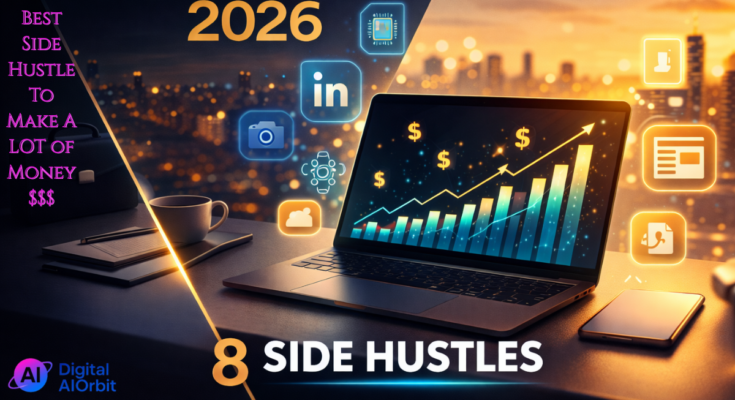 Modern laptop showing side hustles to make money with AI tools, photography equipment, and digital products on professional desk setup