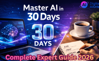 Master AI in 30 days expert guide showing AI frameworks, neural networks, and professional workspace with laptop interface