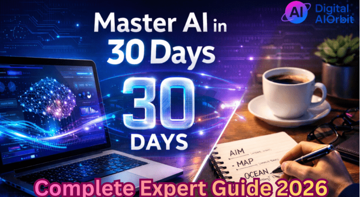 Master AI in 30 days expert guide showing AI frameworks, neural networks, and professional workspace with laptop interface