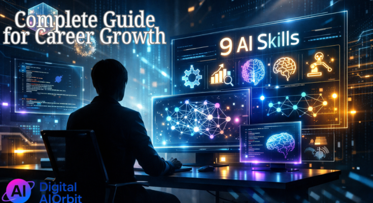 AI skills to master in 2026 showing professional working with holographic interface and neural network visualizations in futuristic workspace