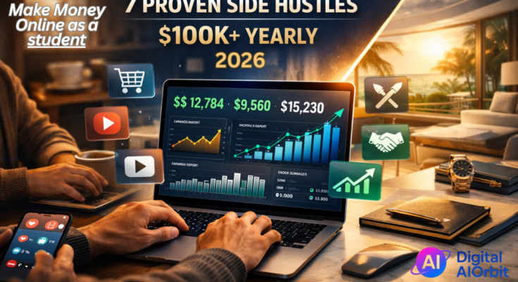 Seven proven side hustles making money online showing laptop workspace with revenue growth charts and multiple income streams displayed on screen