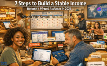 Realistic photo of virtual assistants working remotely with laptops, emails, social media tools, and small business elements like bakery and shop icons, overlaid with blog title text at the top