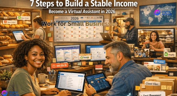 Realistic photo of virtual assistants working remotely with laptops, emails, social media tools, and small business elements like bakery and shop icons, overlaid with blog title text at the top