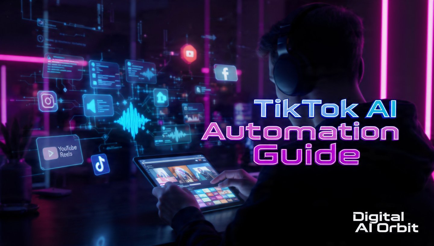 Faceless creator editing TikTok videos with AI holograms for scripts, captions, and video clips