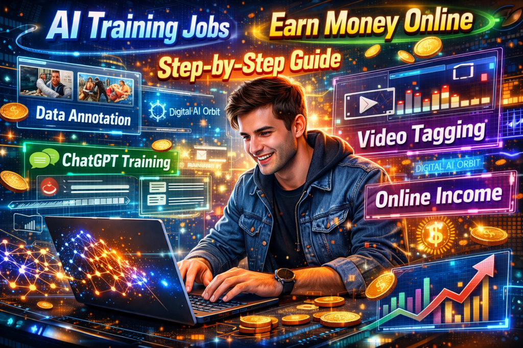 “Cinematic hyper-realistic illustration of a young professional working on a futuristic laptop, performing AI training jobs with holographic panels showing data annotation, ChatGPT tasks, and AI evaluation dashboards.”
