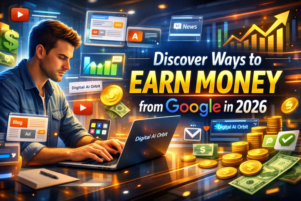 Modern professional working on laptop with holographic dashboards, showing ways to earn money from Google in 2026 including YouTube, AdSense, blogging, and online income growth charts