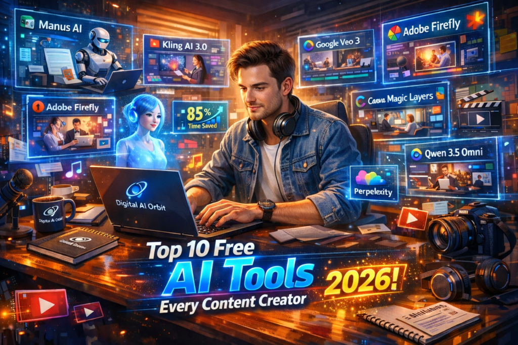 Top 10 Free AI Tools – modern content creator using AI tools like Manus AI, Kling AI 3.0, Adobe Firefly, Google Veo 3, Canva Magic Layers, Perplexity Discover, Qwen 3.5 Omni, Baidu OpenClaw, Melody Flip AI, and ImagineLab AI Studio in a futuristic home office, showcasing workflow automation and high-tech content creation.