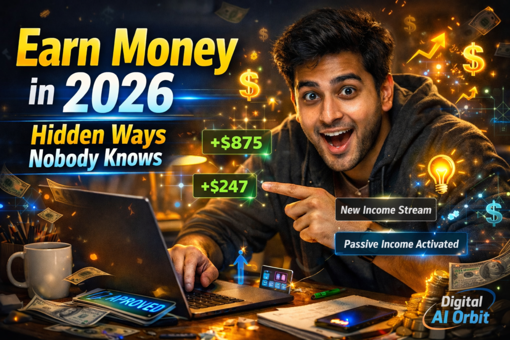 Earn Money Online in 2026 concept showing a realistic young man discovering new AI income opportunities on a laptop with glowing dollar signs and growth icons