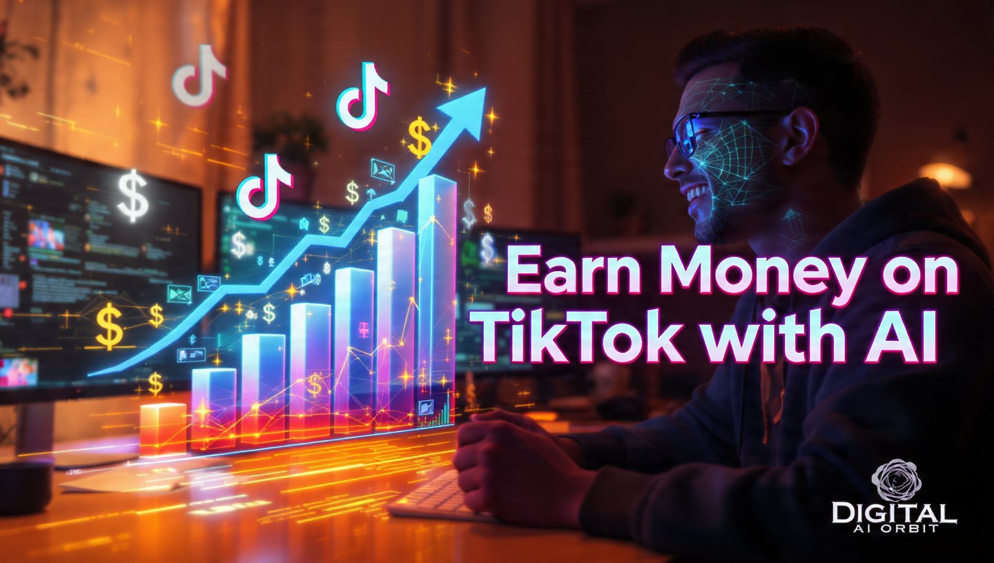 Faceless person celebrating TikTok earnings with holographic charts, graphs, and dollar signs floating around