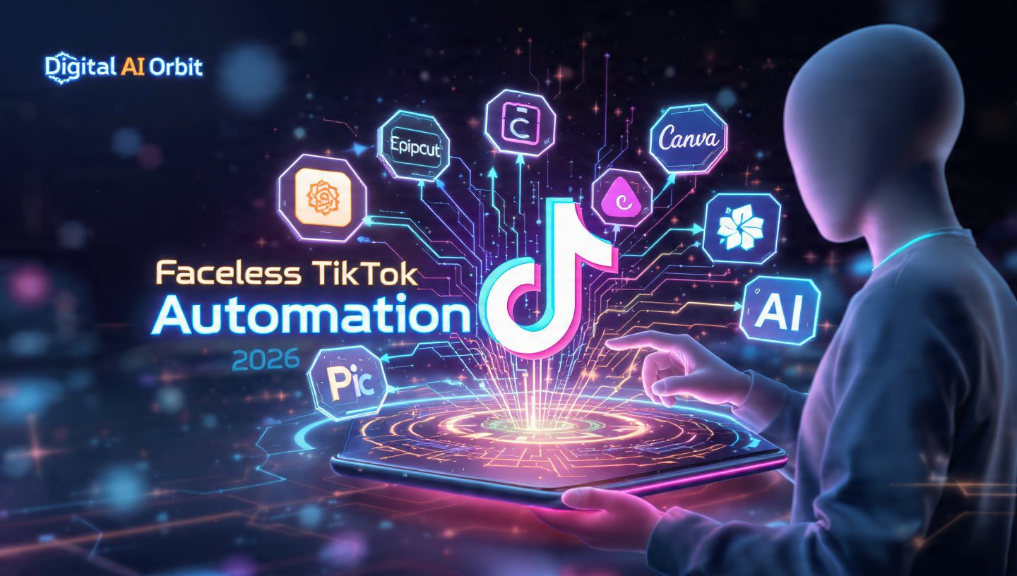 AI workflow collage showing ChatGPT, ElevenLabs, CapCut, Canva, and Pictory tools for faceless TikTok automation
