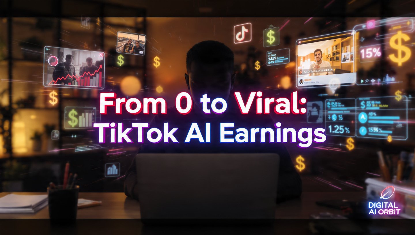 Faceless person analyzing TikTok analytics with holographic earnings, viral video thumbnails, and growth metrics