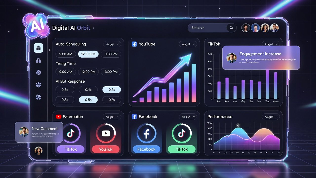 Digital AI Orbit smart social media automation dashboard showing auto-scheduling and analytics charts.”