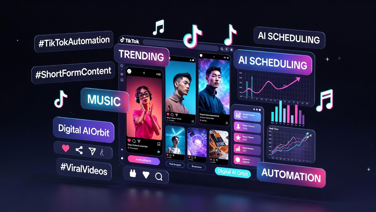 Digital AI Orbit TikTok automation showing trending videos, hashtags, and analytics dashboard.”