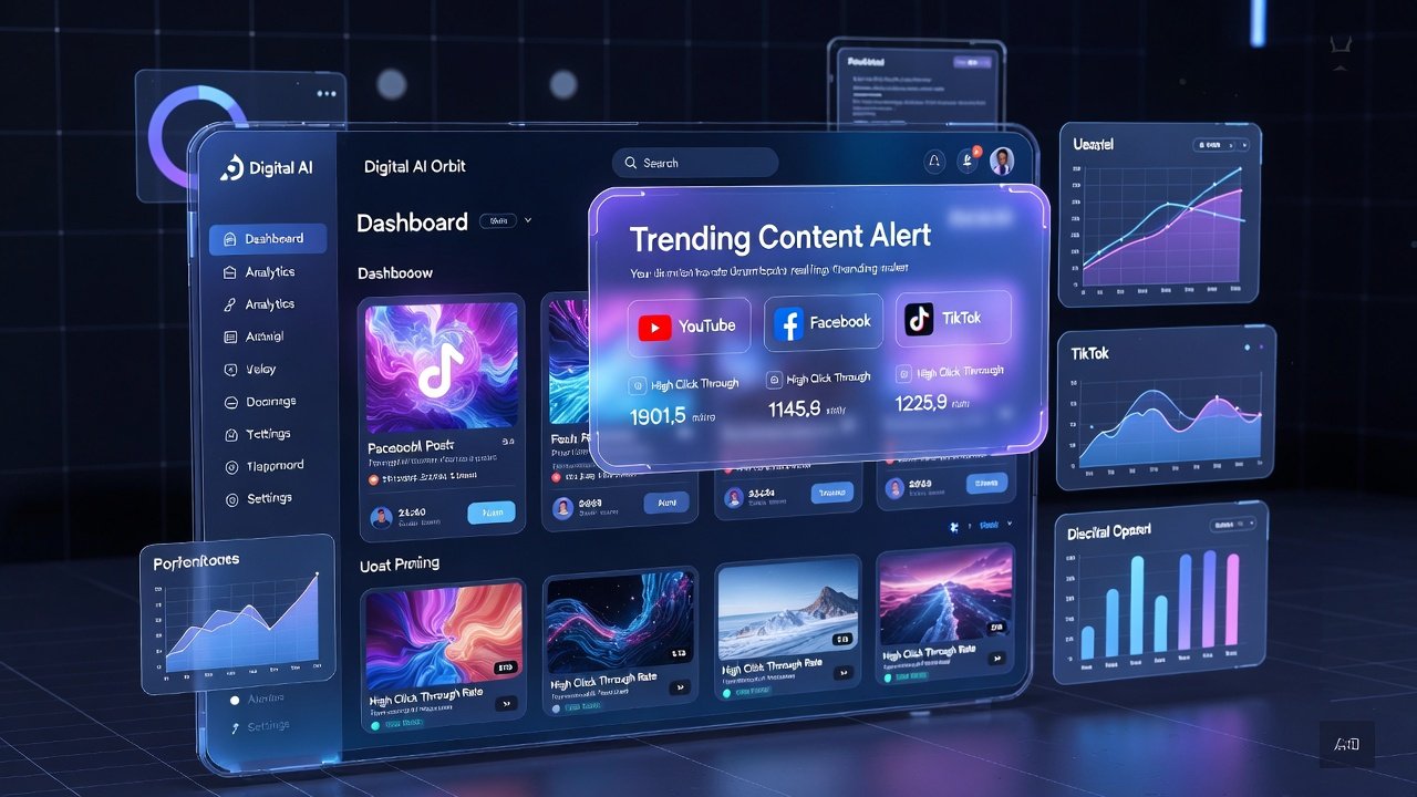 Digital AI Orbit multi-platform management dashboard controlling YouTube, Facebook, and TikTok automation simultaneously.”