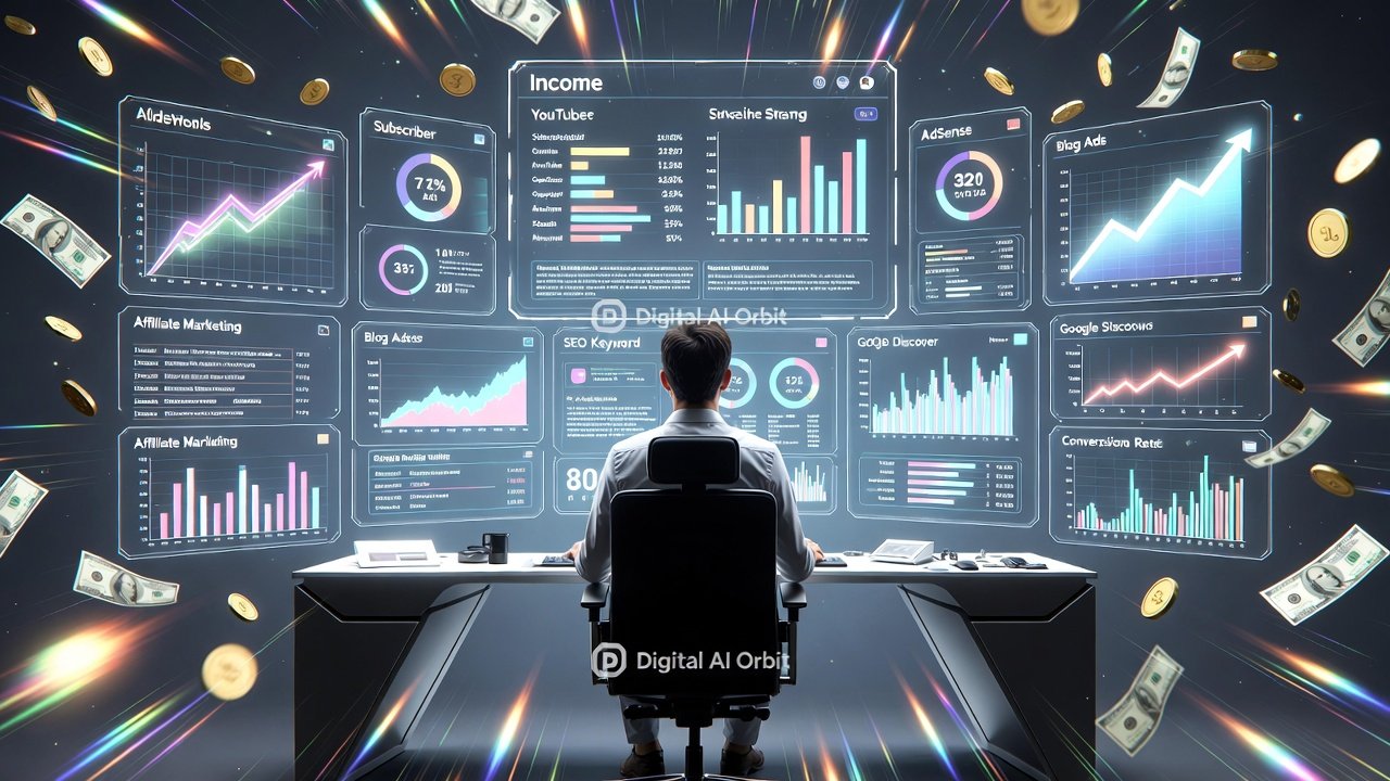 Create a hyper-realistic, cinematic 1200×675 illustration of a professional at a futuristic workstation with multiple floating screens and holographic dashboards. Each screen shows different income streams: YouTube analytics, blog AdSense ads, affiliate links, SEO keyword charts, Google Discover/News notifications, and conversion metrics. Surround the scene with glowing graphs, coins, dollar bills, upward-trending income visuals, and subtle particle effects. Add reflections, lens flares, motion streaks, volumetric lighting, and layered UI holograms for depth and energy. Embed “Digital AI Orbit” branding across screens, dashboards, and overlays. Use a vibrant, professional, AdSense-safe color scheme optimized for high CTR, engagement, and clear thumbnail readability.