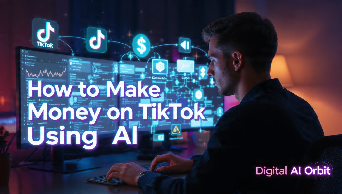 Faceless person working on TikTok automation with AI tools, holographic TikTok logos, and dollar signs floating around