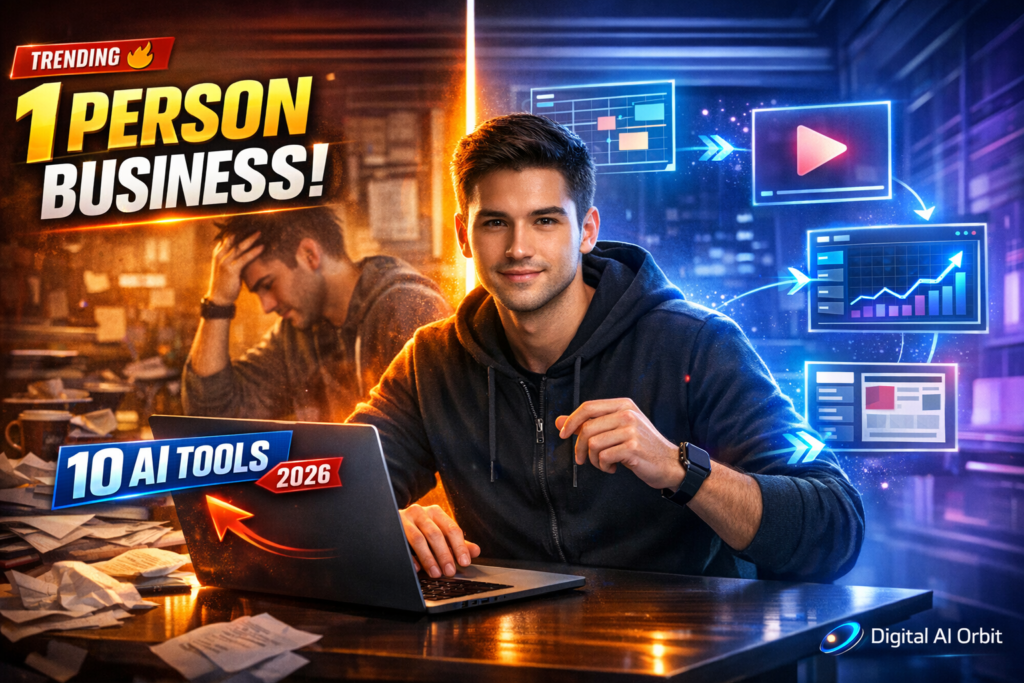 Top 10 AI Tools for running a one-person business in 2026 – human entrepreneur using AI tools on laptop with holographic interfaces, split scene showing chaotic old workspace vs clean AI-powered setup.