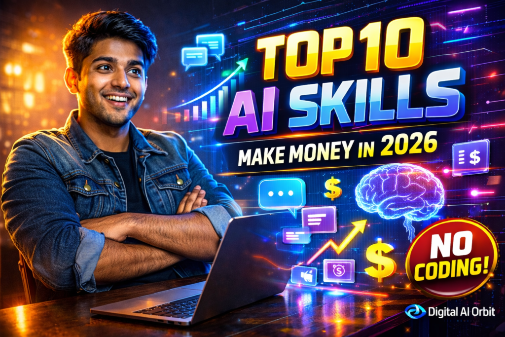 “Top unique AI skills to earn money online in 2026, showing a professional using AI tools with futuristic tech elements and digital icons around a laptop.”