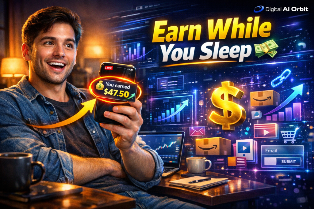 Earn money with Affiliate Marketing for beginners concept showing a person receiving commission notification on smartphone with digital marketing dashboard and passive income visuals