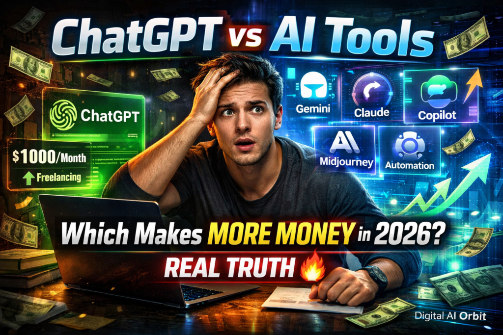 ChatGPT vs Other AI Tools comparison thumbnail showing a confused man, AI tool interfaces, money symbols, and growth graphs